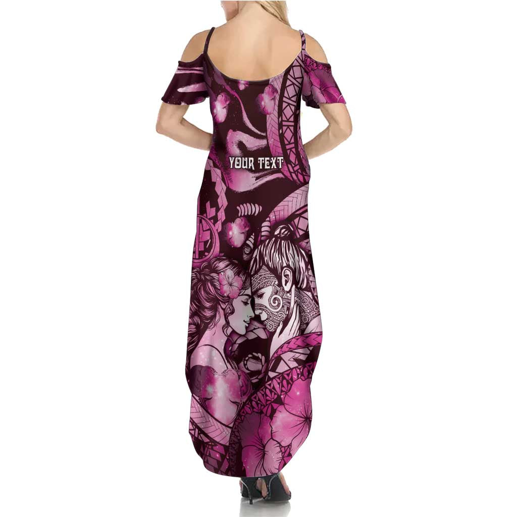 Personalised Maori Romantic Valentine Family Matching Summer Maxi Dress and Hawaiian Shirt The Hongi Kiss Pink Galaxy