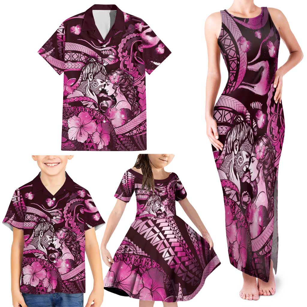 Personalised Maori Romantic Valentine Family Matching Tank Maxi Dress and Hawaiian Shirt The Hongi Kiss Pink Galaxy