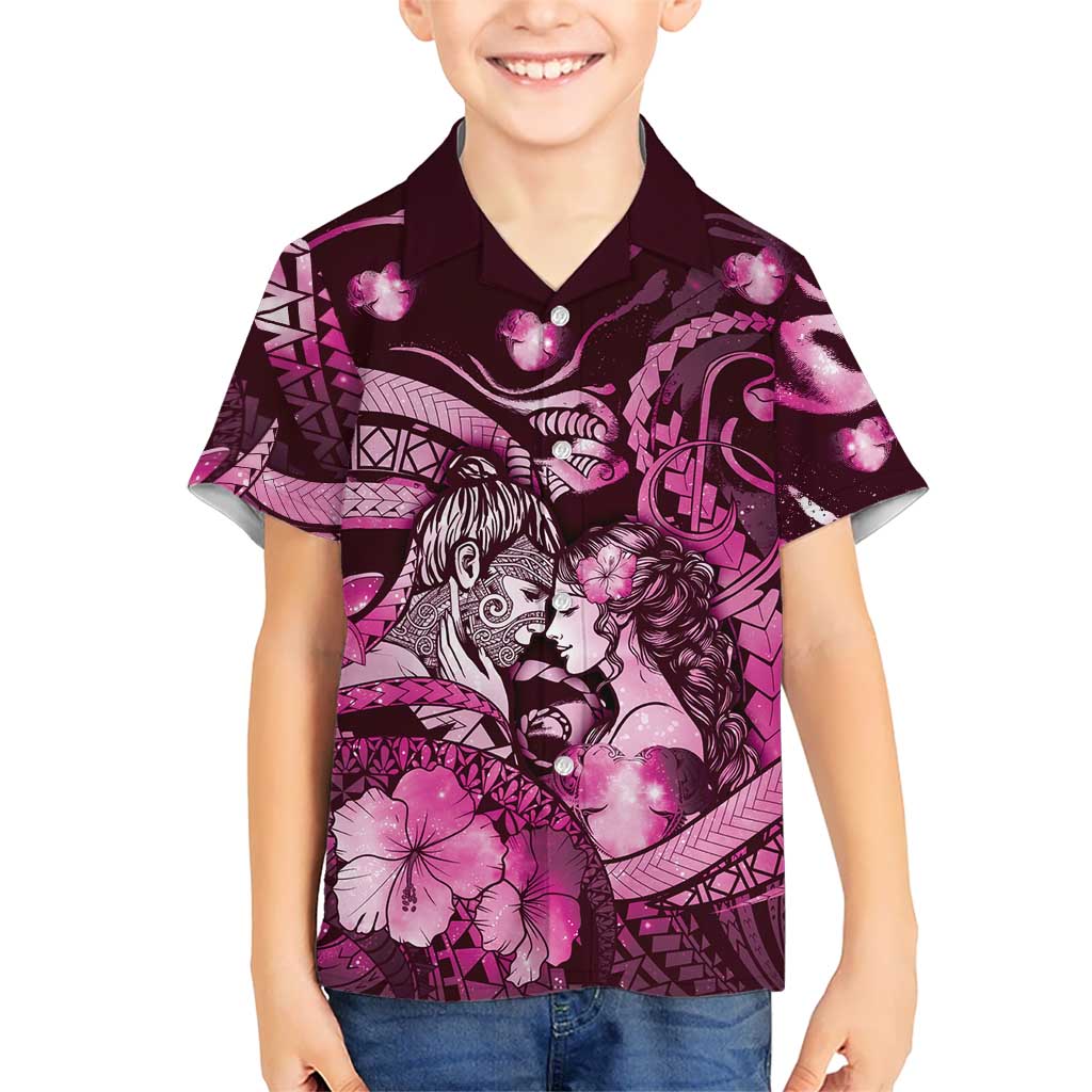 Personalised Maori Romantic Valentine Family Matching Tank Maxi Dress and Hawaiian Shirt The Hongi Kiss Pink Galaxy DT05 Son's Shirt Pink - Polynesian Pride