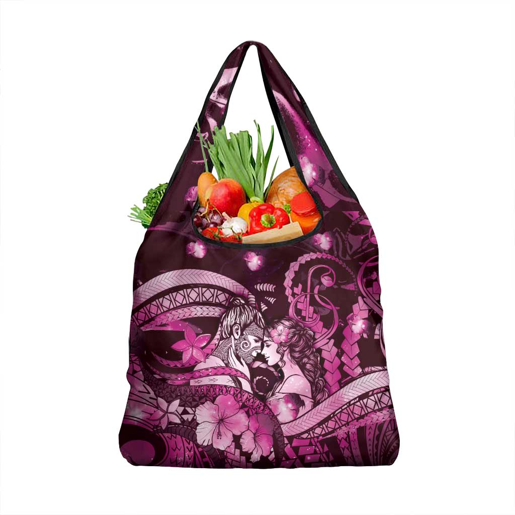Maori Romantic Valentine Grocery Bag The Hongi Kiss Pink Galaxy
