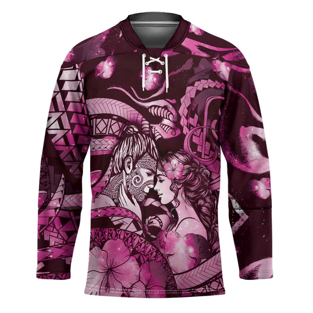 Personalised Maori Romantic Valentine Hockey Jersey The Hongi Kiss Pink Galaxy DT05 Unisex Pink - Polynesian Pride