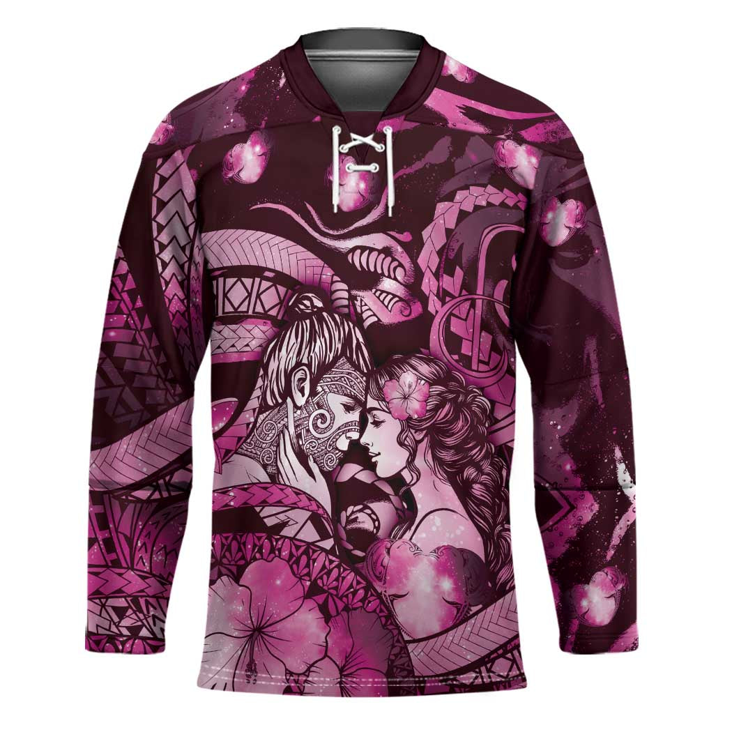Personalised Maori Romantic Valentine Hockey Jersey The Hongi Kiss Pink Galaxy