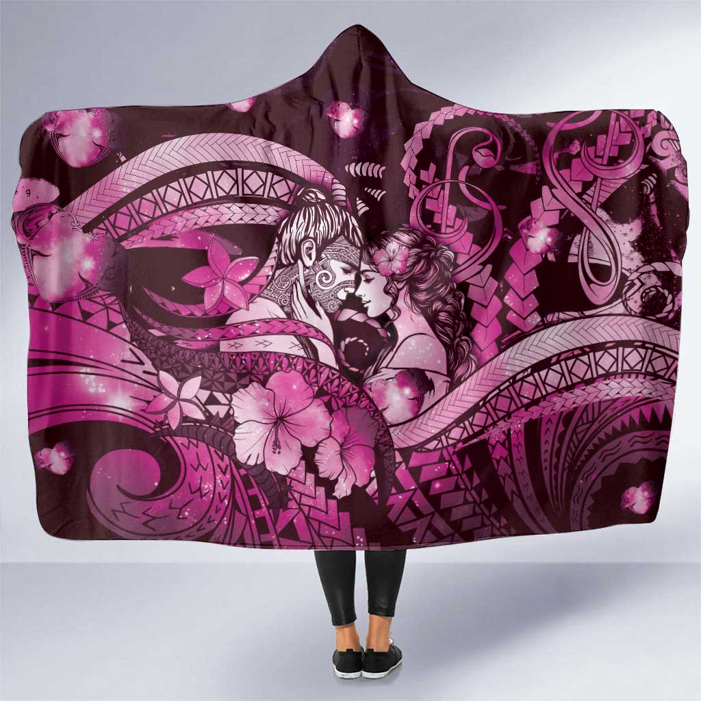 Maori Romantic Valentine Hooded Blanket The Hongi Kiss Pink Galaxy