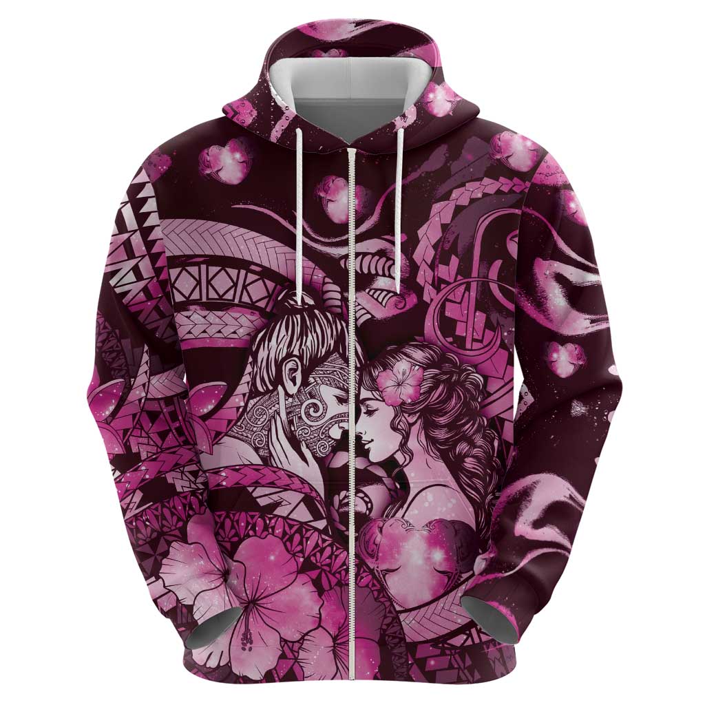 Personalised Maori Romantic Valentine Hoodie The Hongi Kiss Pink Galaxy