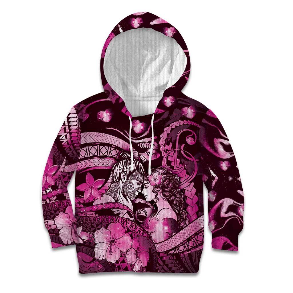Personalised Maori Romantic Valentine Kid Hoodie The Hongi Kiss Pink Galaxy