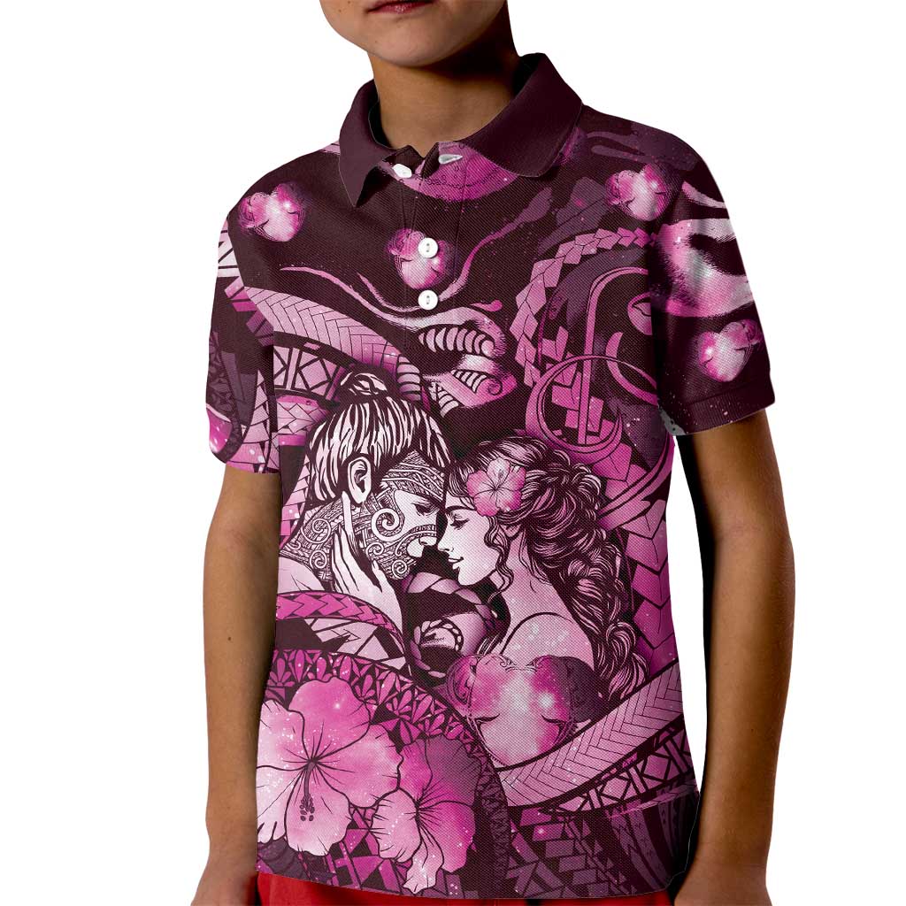 Personalised Maori Romantic Valentine Kid Polo Shirt The Hongi Kiss Pink Galaxy
