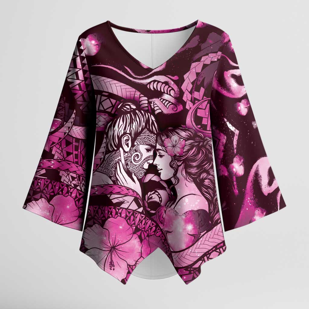 Personalised Maori Romantic Valentine Kimono Sleeve Blouse The Hongi Kiss Pink Galaxy