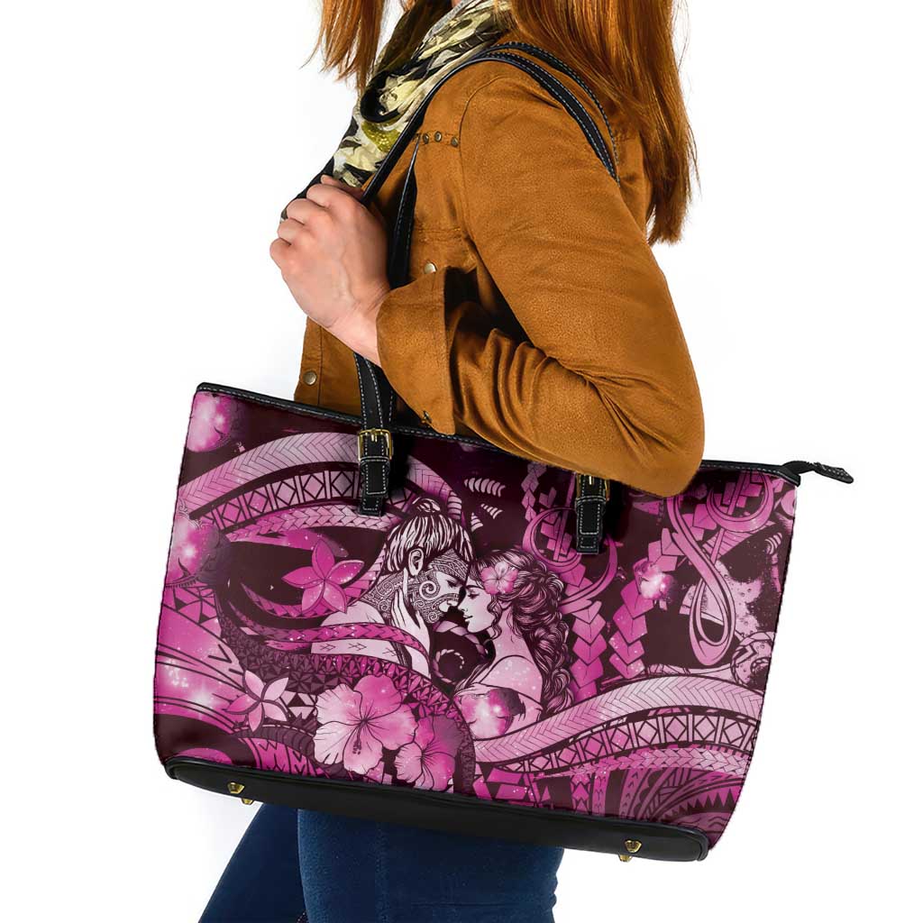 Maori Romantic Valentine Leather Tote Bag The Hongi Kiss Pink Galaxy