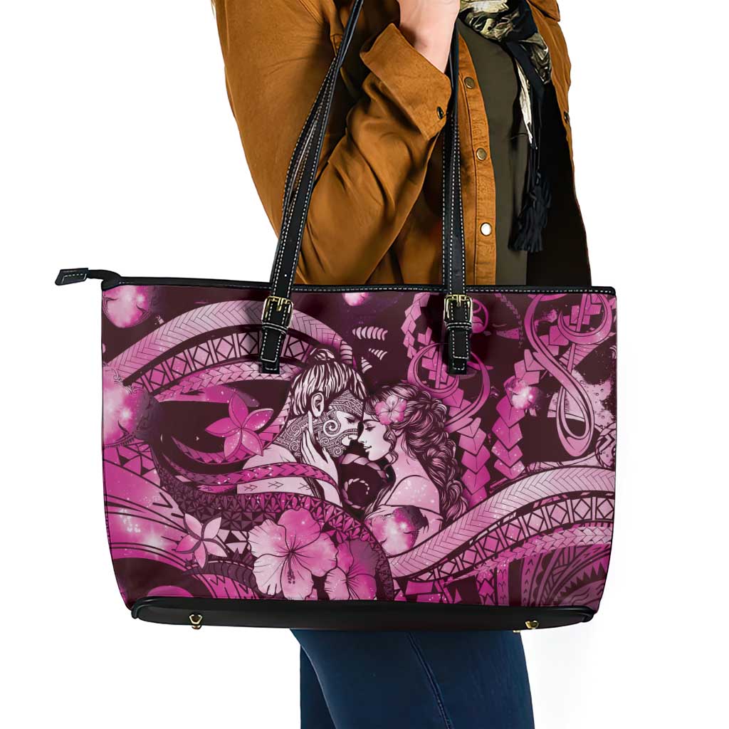 Maori Romantic Valentine Leather Tote Bag The Hongi Kiss Pink Galaxy