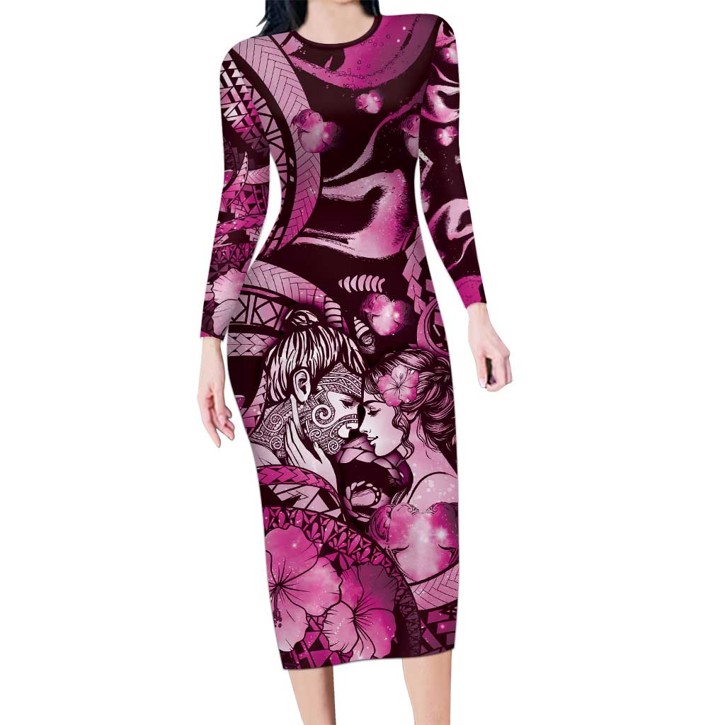 Personalised Maori Romantic Valentine Long Sleeve Bodycon Dress The Hongi Kiss Pink Galaxy