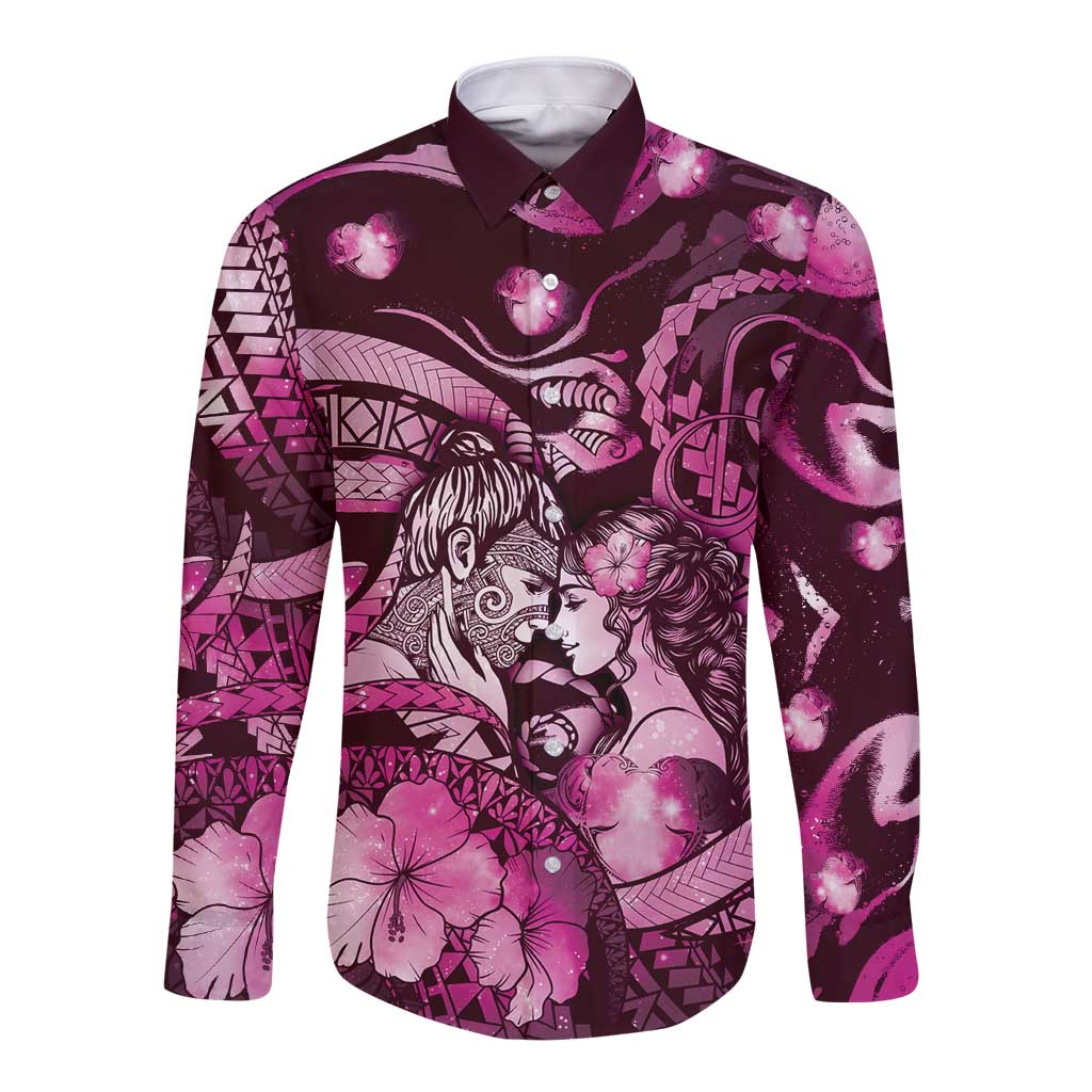Personalised Maori Romantic Valentine Long Sleeve Button Shirt The Hongi Kiss Pink Galaxy