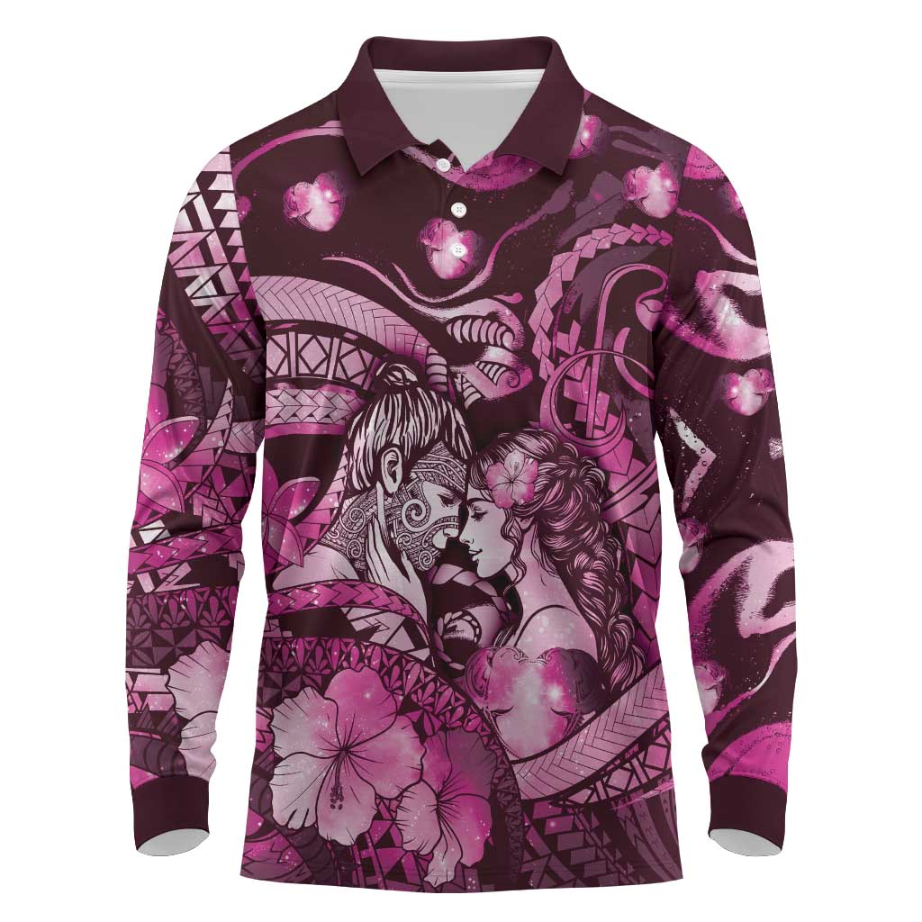 Personalised Maori Romantic Valentine Long Sleeve Polo Shirt The Hongi Kiss Pink Galaxy