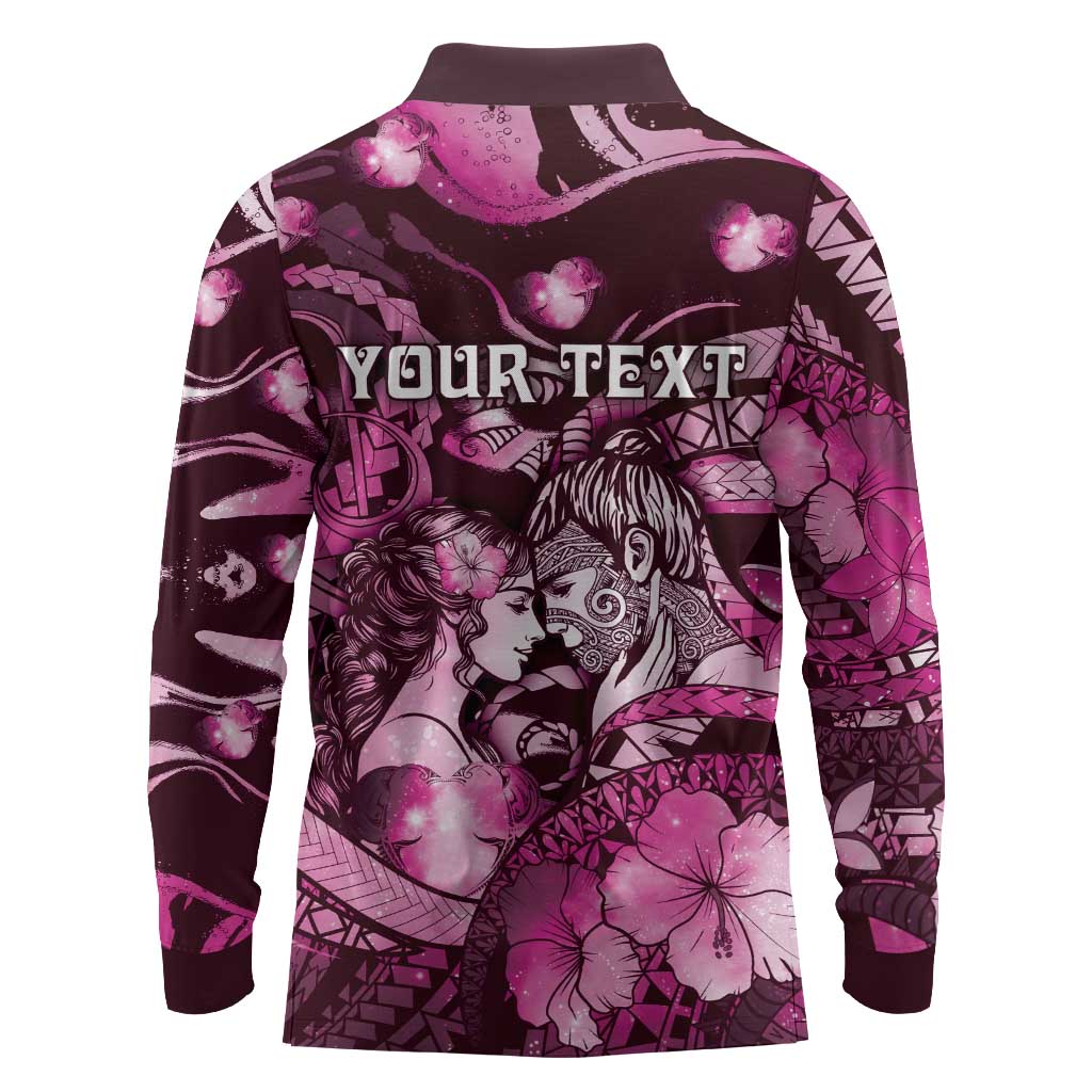 Personalised Maori Romantic Valentine Long Sleeve Polo Shirt The Hongi Kiss Pink Galaxy