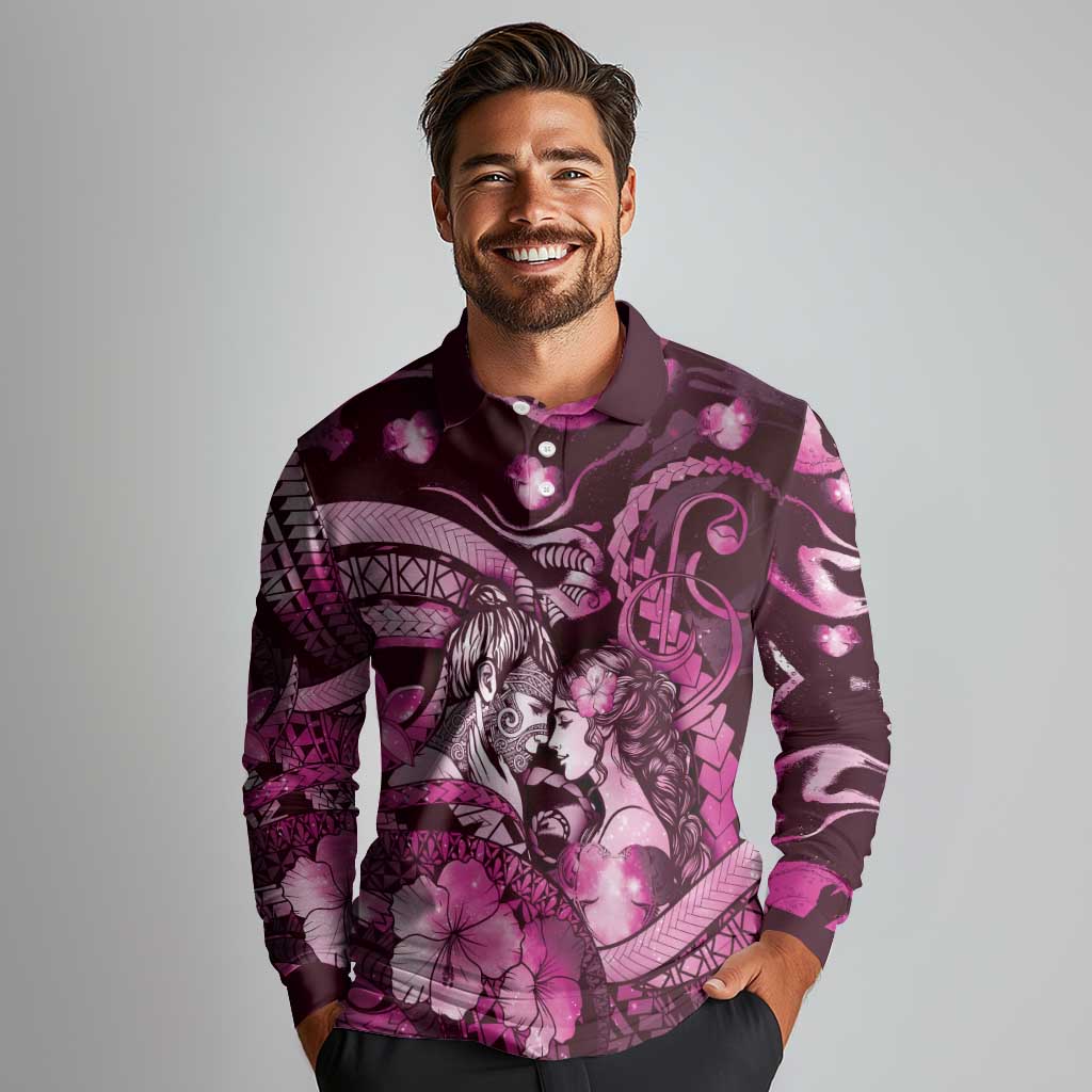 Personalised Maori Romantic Valentine Long Sleeve Polo Shirt The Hongi Kiss Pink Galaxy