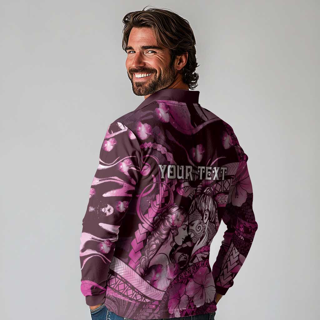 Personalised Maori Romantic Valentine Long Sleeve Polo Shirt The Hongi Kiss Pink Galaxy