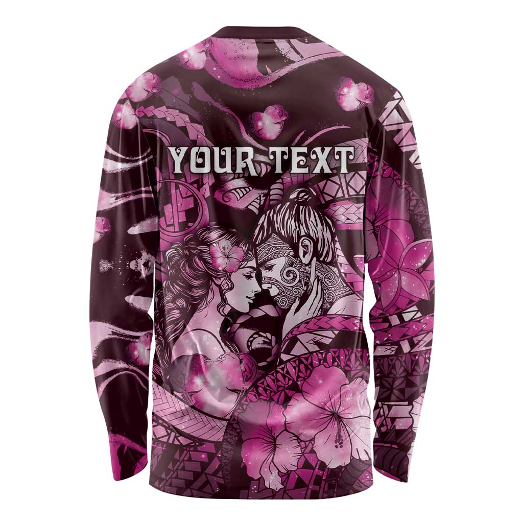 Personalised Maori Romantic Valentine Long Sleeve Shirt The Hongi Kiss Pink Galaxy