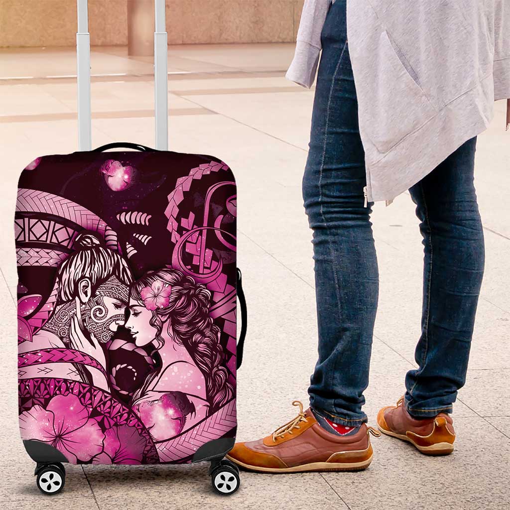Maori Romantic Valentine Luggage Cover The Hongi Kiss Pink Galaxy