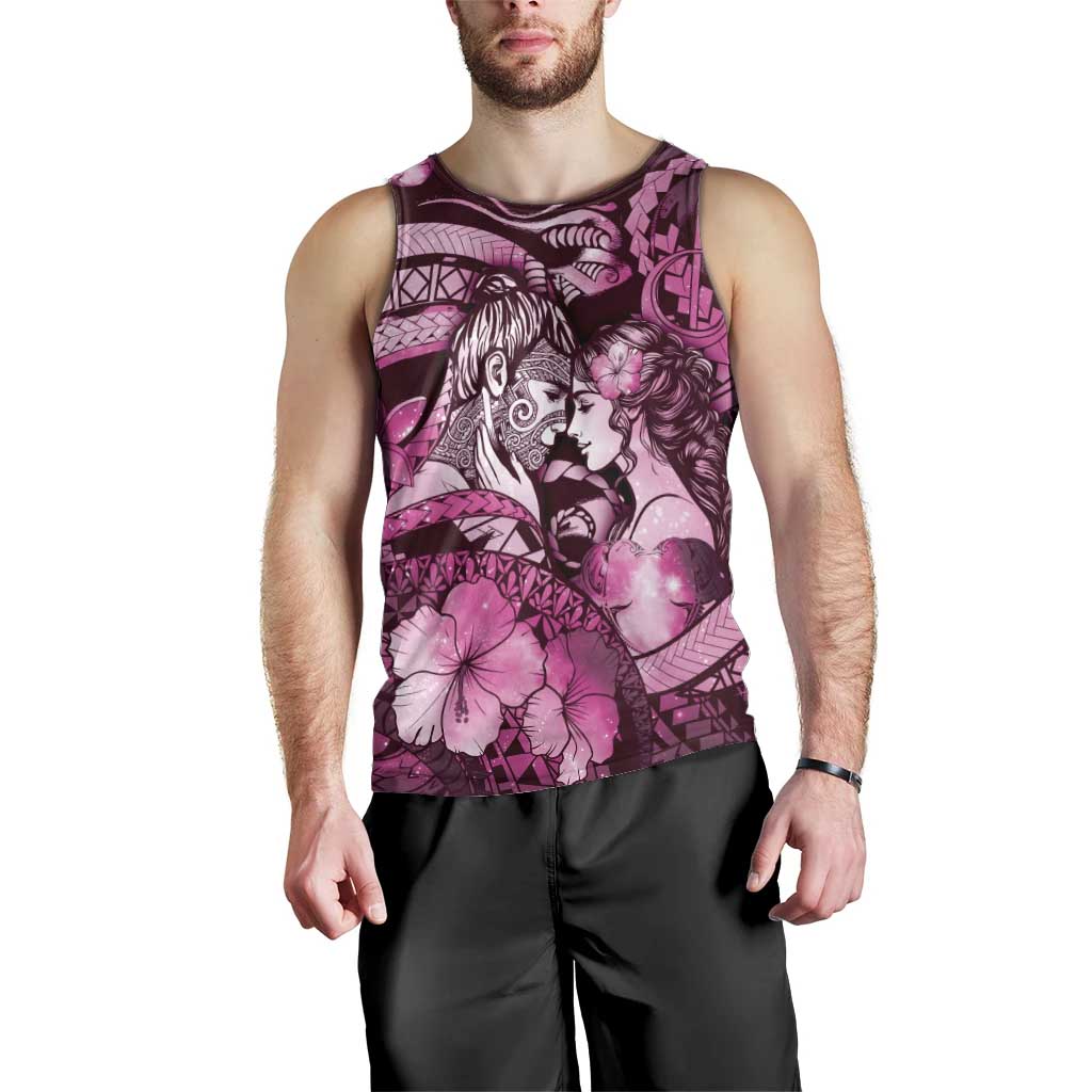 Personalised Maori Romantic Valentine Men Tank Top The Hongi Kiss Pink Galaxy