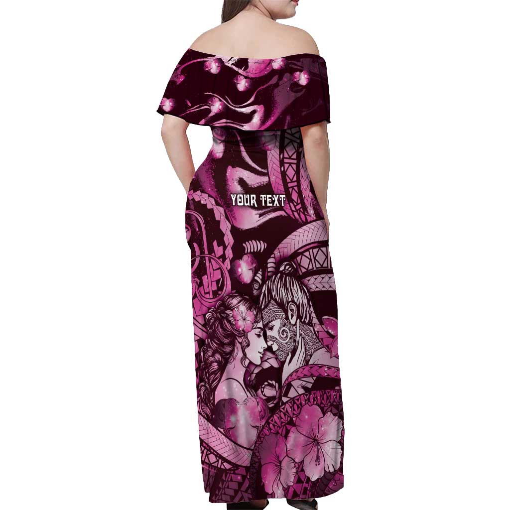 Personalised Maori Romantic Valentine Off Shoulder Maxi Dress The Hongi Kiss Pink Galaxy DT05 - Polynesian Pride