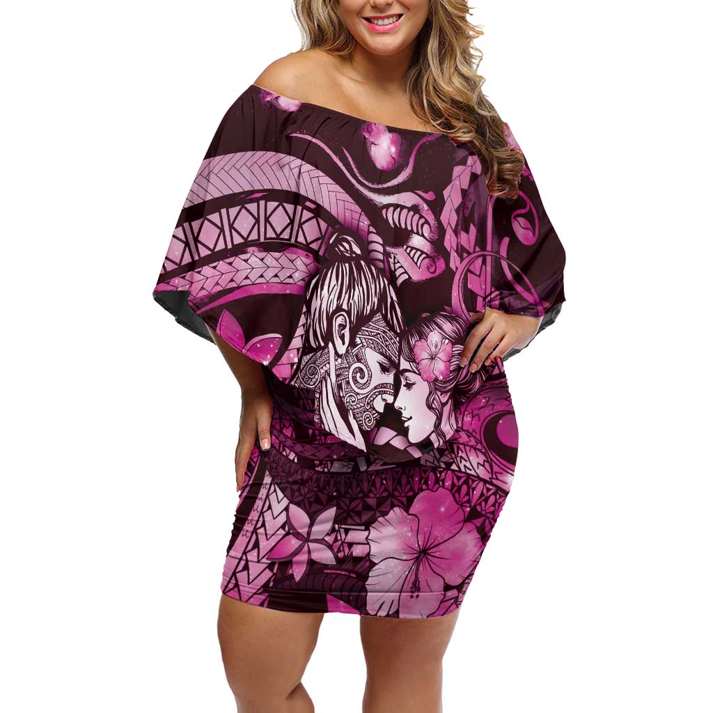 Personalised Maori Romantic Valentine Off Shoulder Short Dress The Hongi Kiss Pink Galaxy