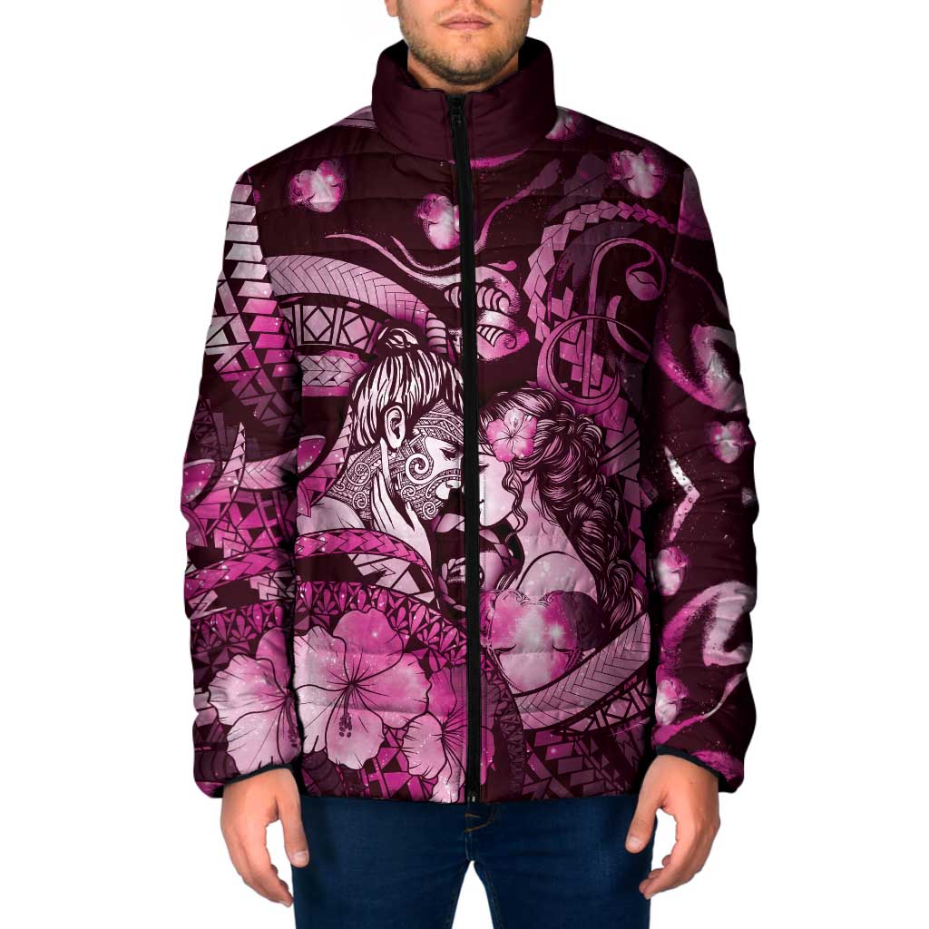 Personalised Maori Romantic Valentine Padded Jacket The Hongi Kiss Pink Galaxy
