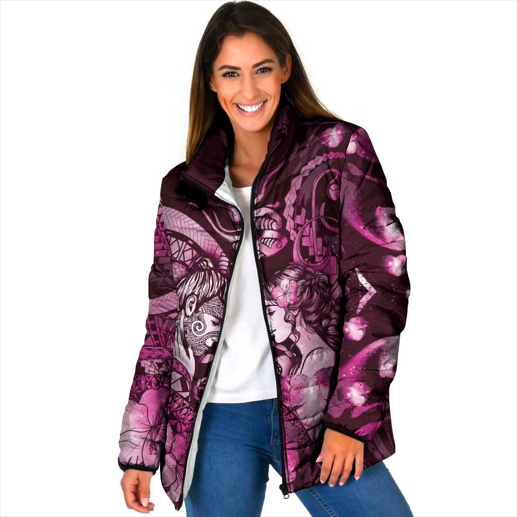 Personalised Maori Romantic Valentine Padded Jacket The Hongi Kiss Pink Galaxy