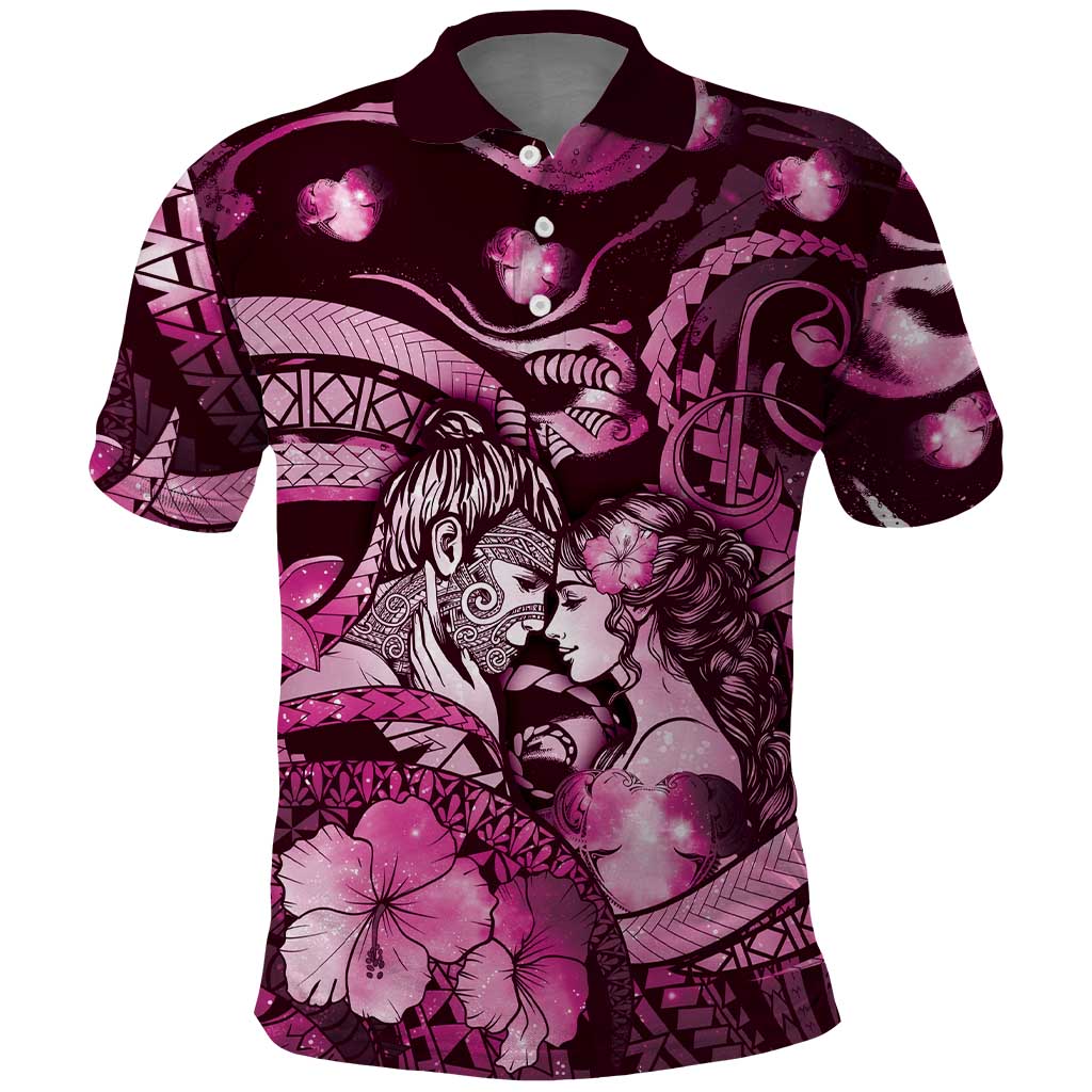 Personalised Maori Romantic Valentine Polo Shirt The Hongi Kiss Pink Galaxy
