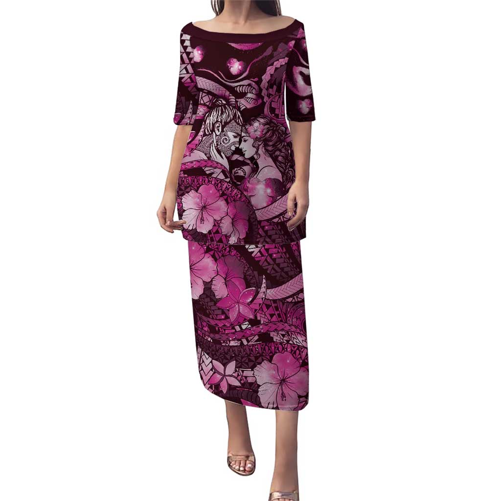 Personalised Maori Romantic Valentine Puletasi The Hongi Kiss Pink Galaxy