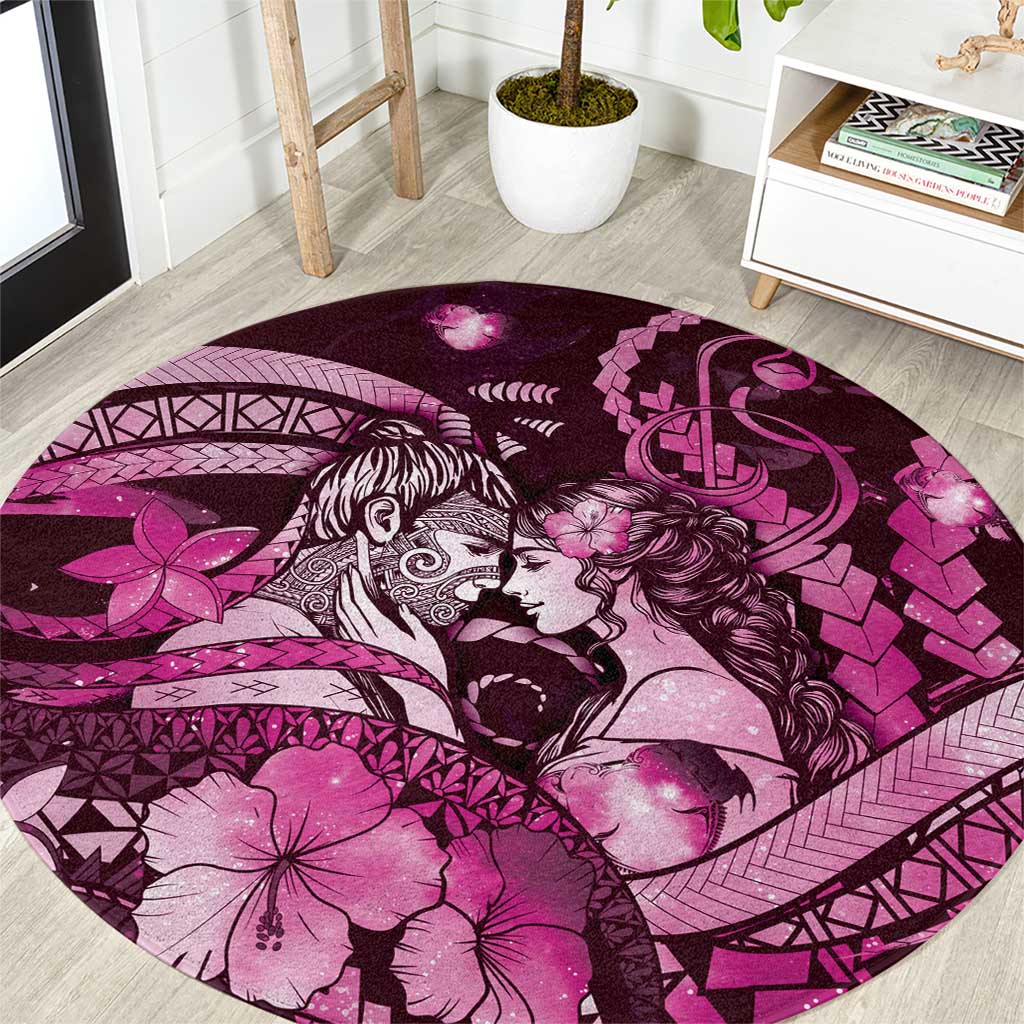 Maori Romantic Valentine Round Carpet The Hongi Kiss Pink Galaxy