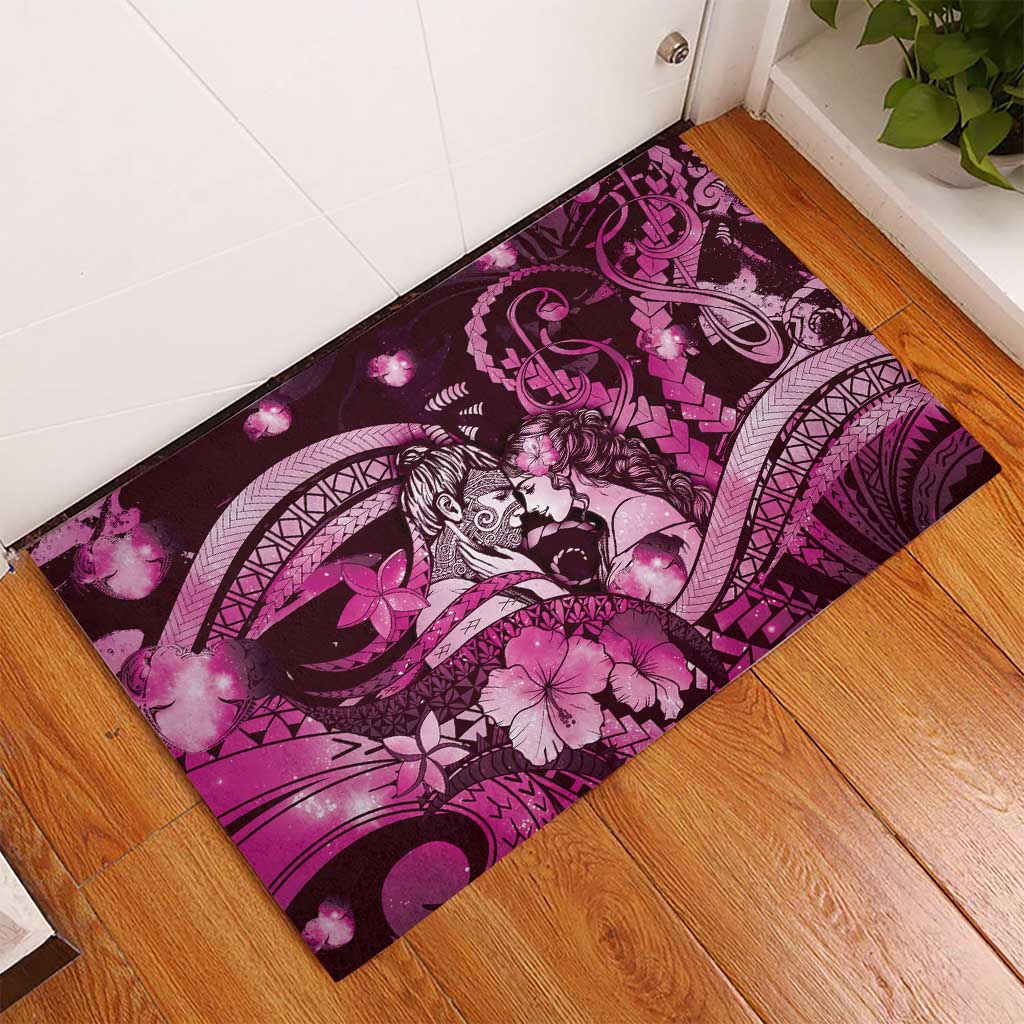 Maori Romantic Valentine Rubber Doormat The Hongi Kiss Pink Galaxy