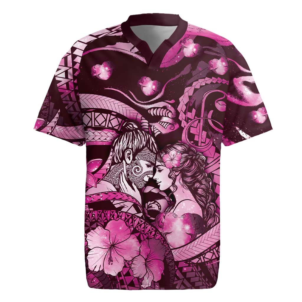 Personalised Maori Romantic Valentine Rugby Jersey The Hongi Kiss Pink Galaxy