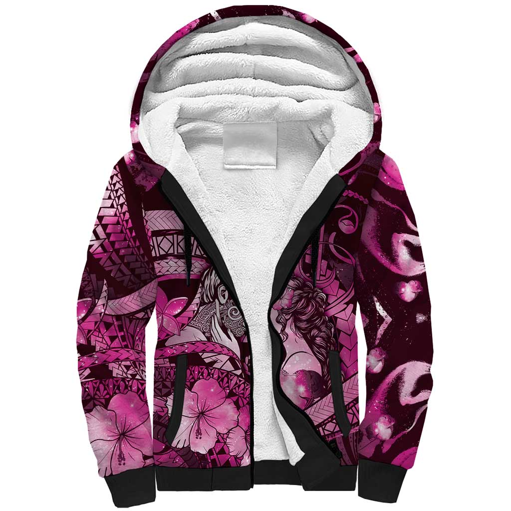 Personalised Maori Romantic Valentine Sherpa Hoodie The Hongi Kiss Pink Galaxy