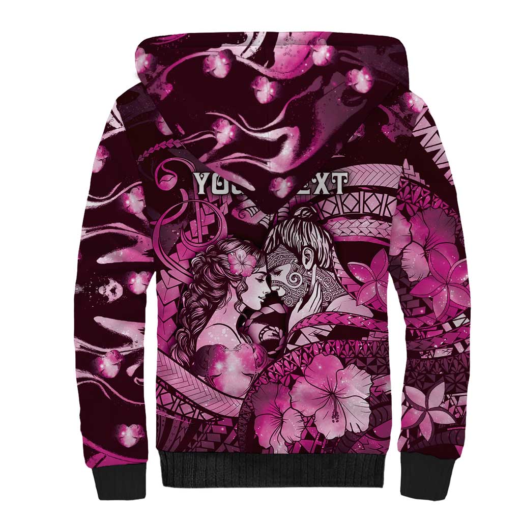 Personalised Maori Romantic Valentine Sherpa Hoodie The Hongi Kiss Pink Galaxy