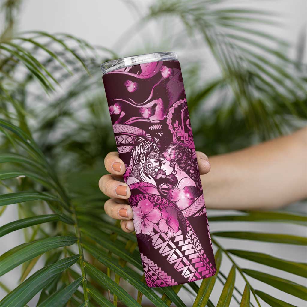 Personalised Maori Romantic Valentine Skinny Tumbler The Hongi Kiss Pink Galaxy