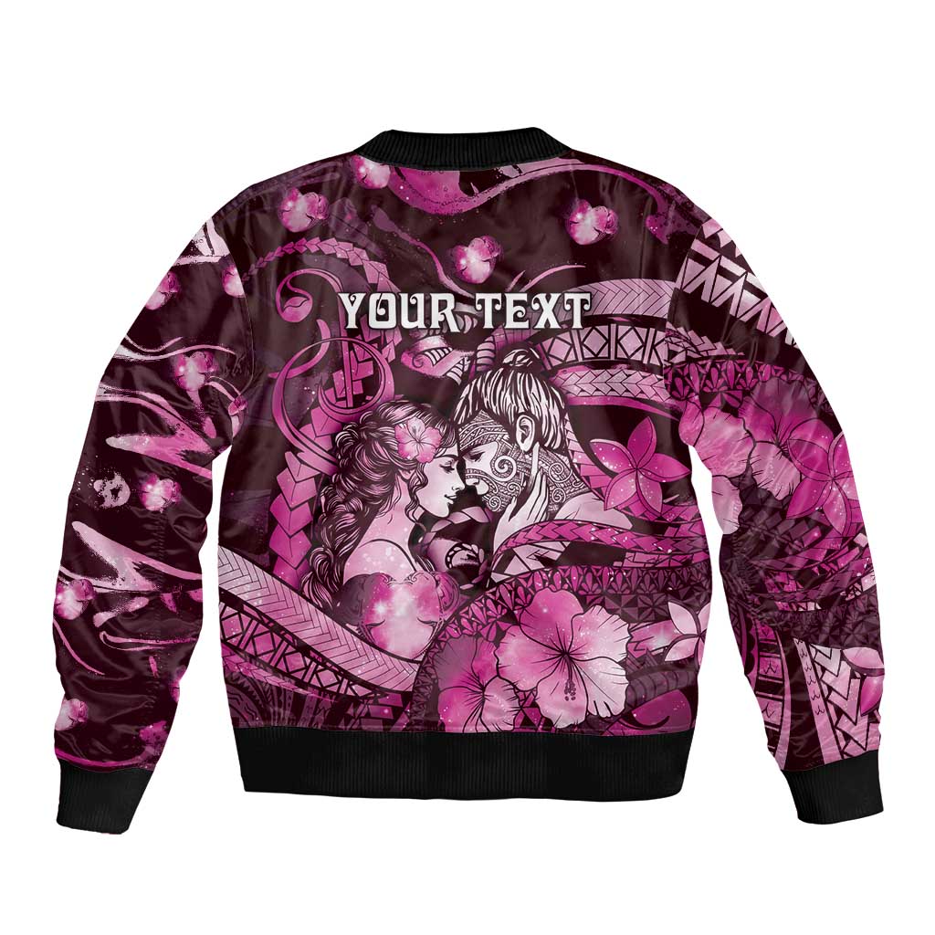 Personalised Maori Romantic Valentine Sleeve Zip Bomber Jacket The Hongi Kiss Pink Galaxy