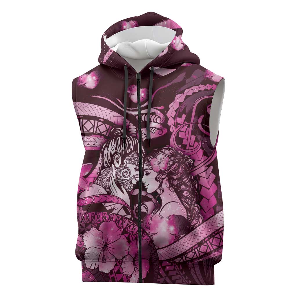 Personalised Maori Romantic Valentine Sleeveless Zip Hoodie The Hongi Kiss Pink Galaxy DT05 Pink - Polynesian Pride