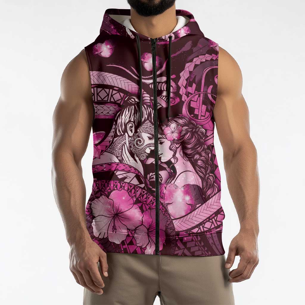 Personalised Maori Romantic Valentine Sleeveless Zip Hoodie The Hongi Kiss Pink Galaxy DT05 - Polynesian Pride