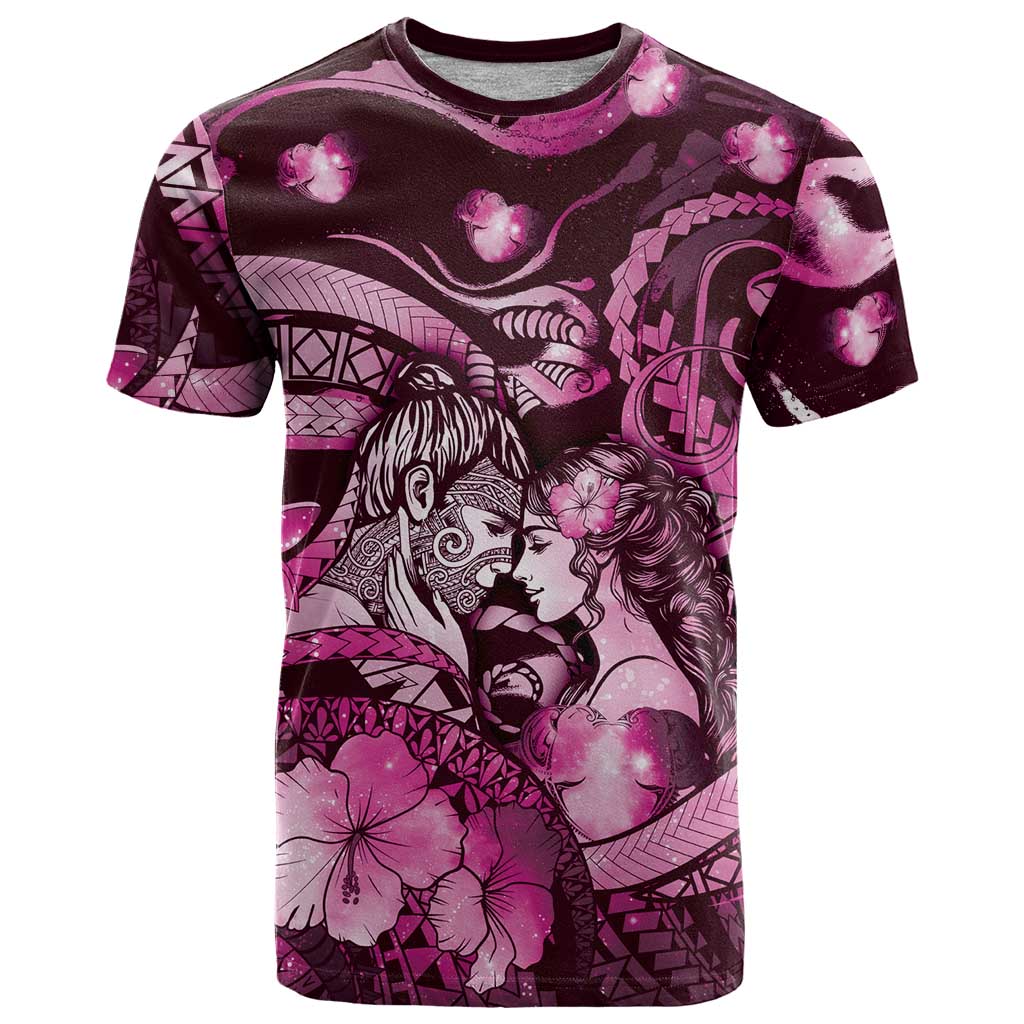 Personalised Maori Romantic Valentine T Shirt The Hongi Kiss Pink Galaxy