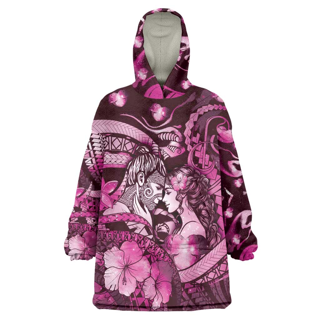 Personalised Maori Romantic Valentine Wearable Blanket Hoodie The Hongi Kiss Pink Galaxy