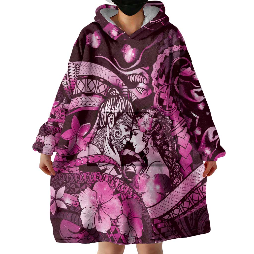 Personalised Maori Romantic Valentine Wearable Blanket Hoodie The Hongi Kiss Pink Galaxy