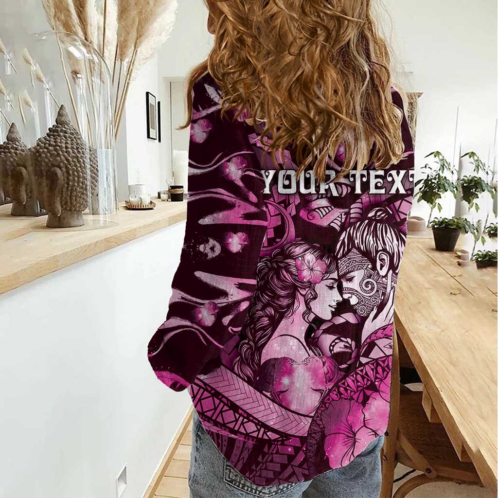 Personalised Maori Romantic Valentine Women Casual Shirt The Hongi Kiss Pink Galaxy