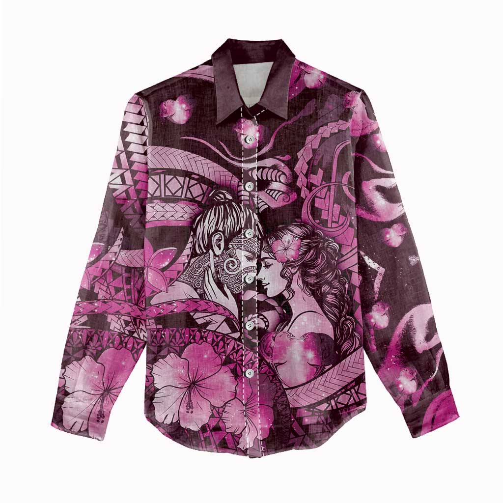 Personalised Maori Romantic Valentine Women Casual Shirt The Hongi Kiss Pink Galaxy