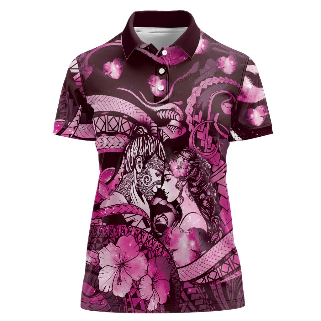 Personalised Maori Romantic Valentine Women Polo Shirt The Hongi Kiss Pink Galaxy