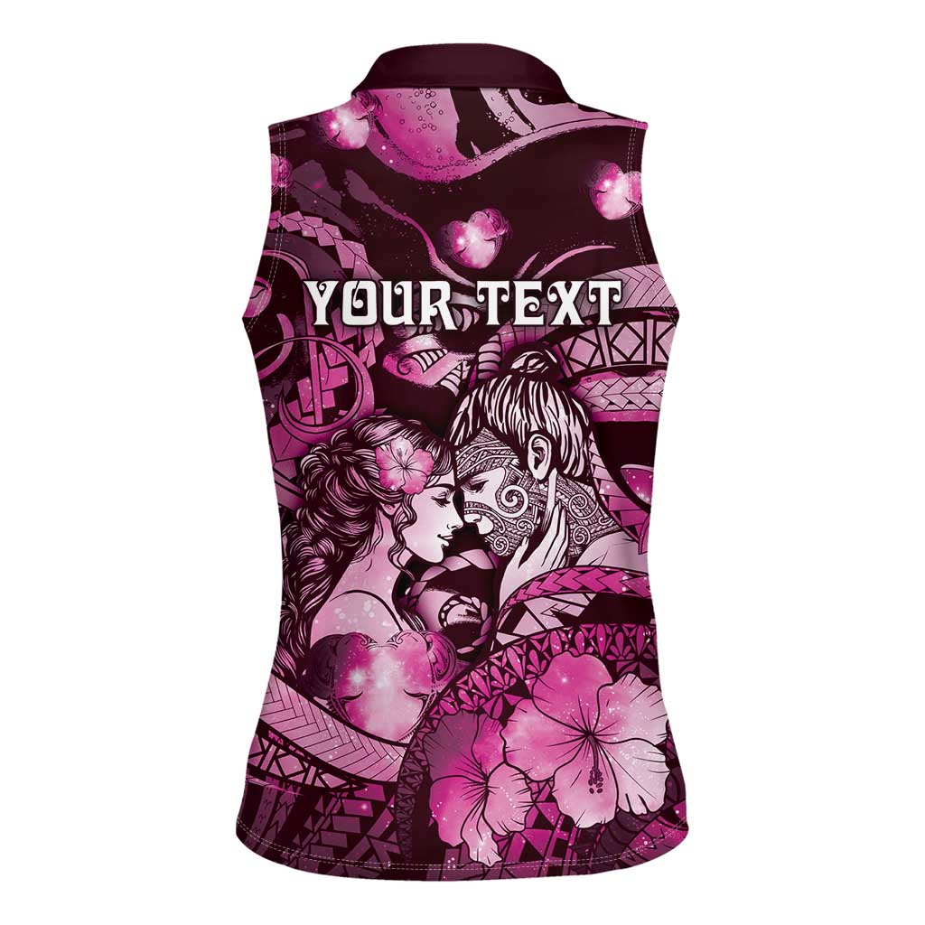 Personalised Maori Romantic Valentine Women Sleeveless Polo Shirt The Hongi Kiss Pink Galaxy