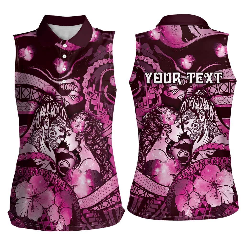 Personalised Maori Romantic Valentine Women Sleeveless Polo Shirt The Hongi Kiss Pink Galaxy
