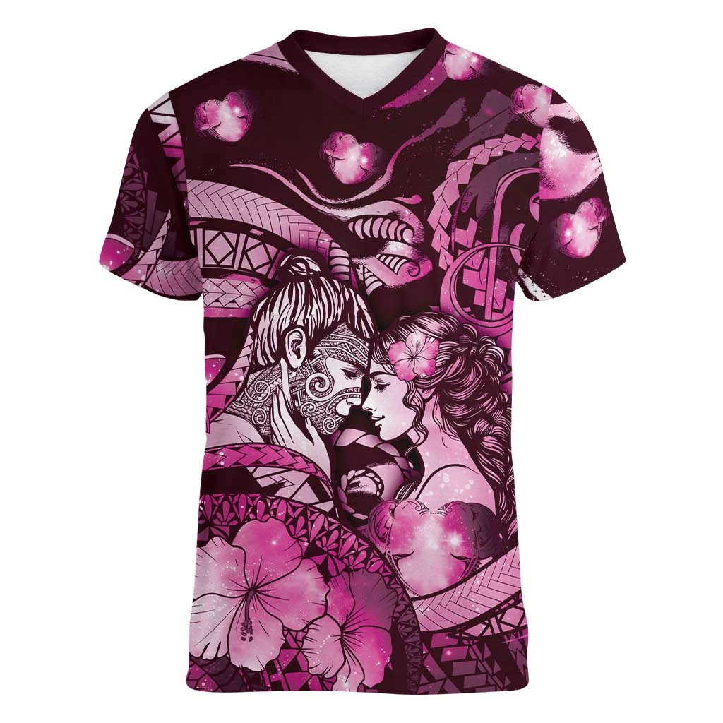 Personalised Maori Romantic Valentine Women V-Neck T-Shirt The Hongi Kiss Pink Galaxy