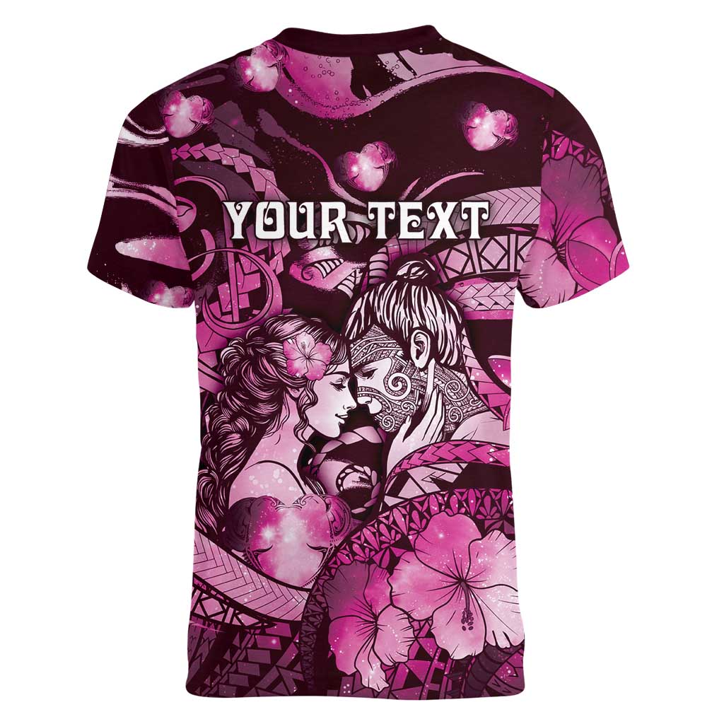 Personalised Maori Romantic Valentine Women V-Neck T-Shirt The Hongi Kiss Pink Galaxy