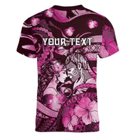 Personalised Maori Romantic Valentine Women V-Neck T-Shirt The Hongi Kiss Pink Galaxy