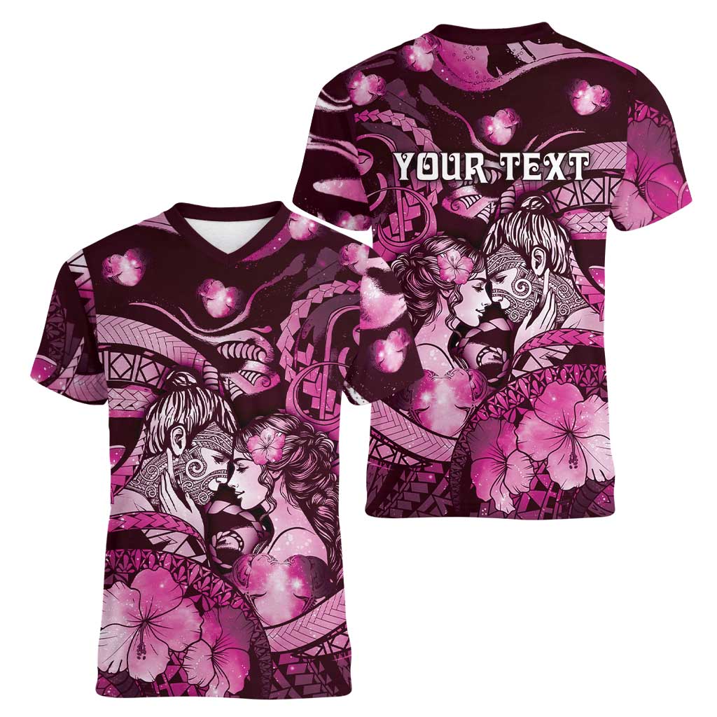Personalised Maori Romantic Valentine Women V-Neck T-Shirt The Hongi Kiss Pink Galaxy