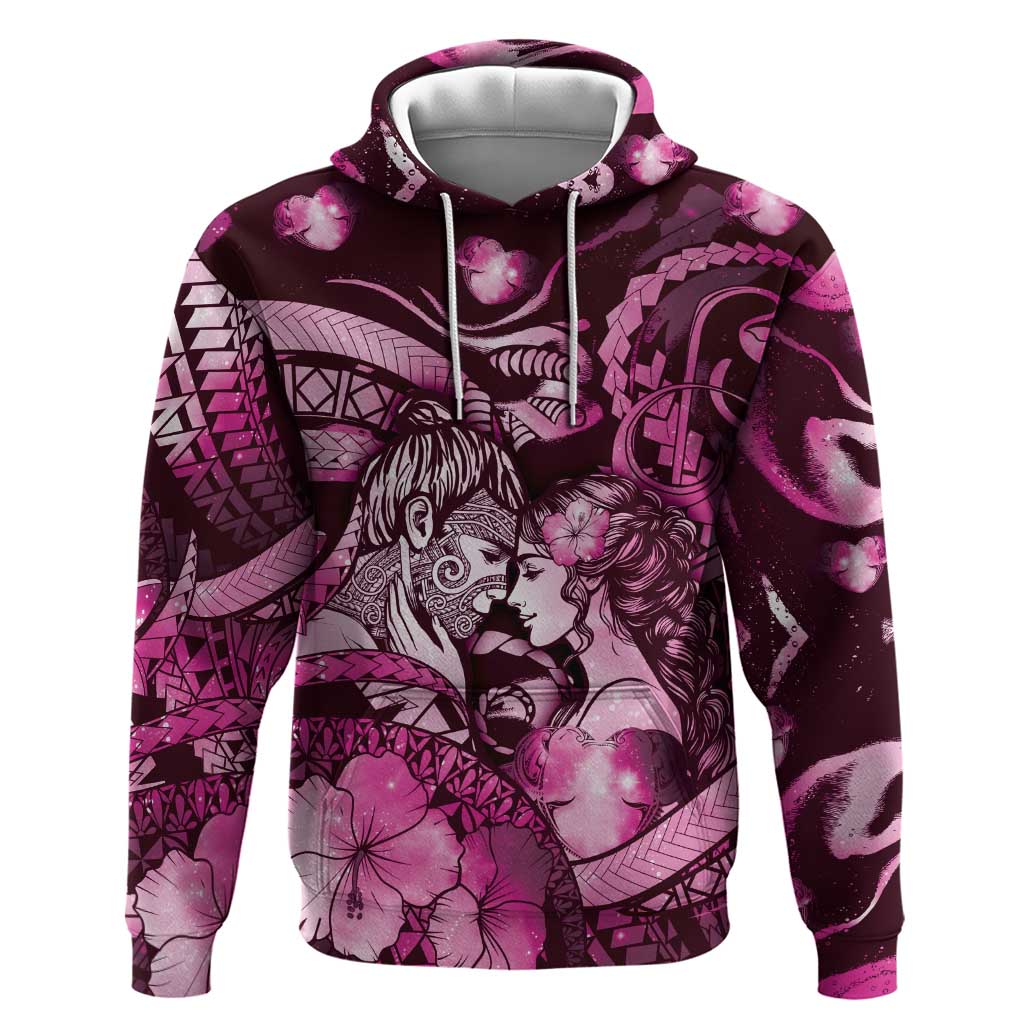 Personalised Maori Romantic Valentine Zip Hoodie The Hongi Kiss Pink Galaxy